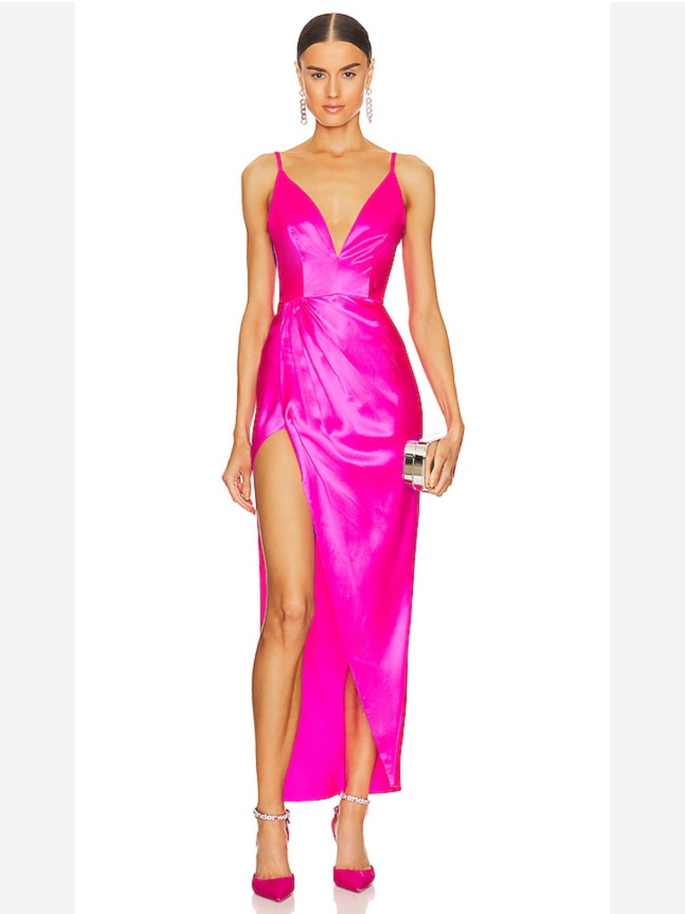 New Fleur Du Mal Deep Plunge Silk High Slit Slip Dress In Wild Pink Size 4